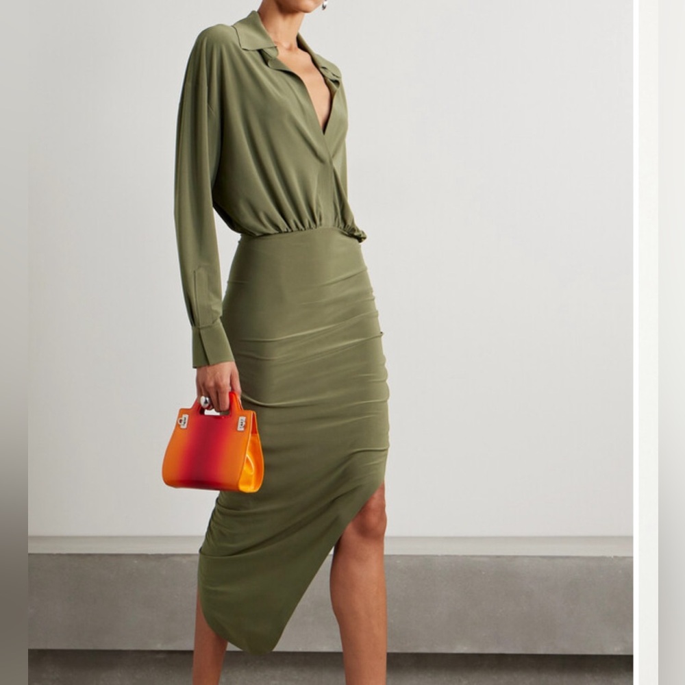 Norma Kamali 
Asymmetric Ruched Stretch-jersey Midi Dress - xs nwt   Military.